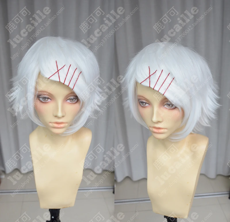 

Anime Tokyo Ghoul Juzo Suzuya Juuzou REI Cosplay Wigs Pure White Heat Resistant Synthetic Hair Wig + Wig Cap+ 5 Red Hairpins