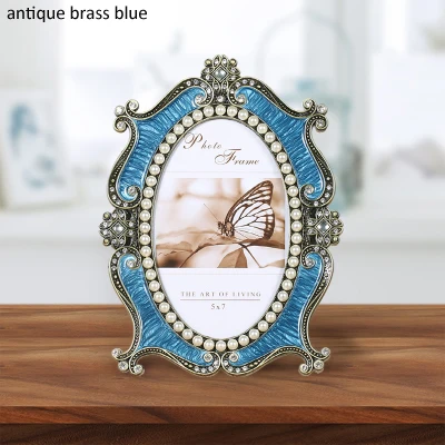 brass blue Античная латунь с голубым эмалированным и белым жемчугом ювелирное 5x7 дюймов Овальный Настольный металлический сплав фоторамка - Цвет: brass blue