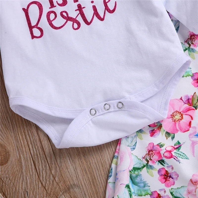 Newborn Baby Girl Mama Is My Bestie Cute Letter Printed Ruffle Long Sleeve Romper Floral Pants with Waist Bowknot Outfits | Детская