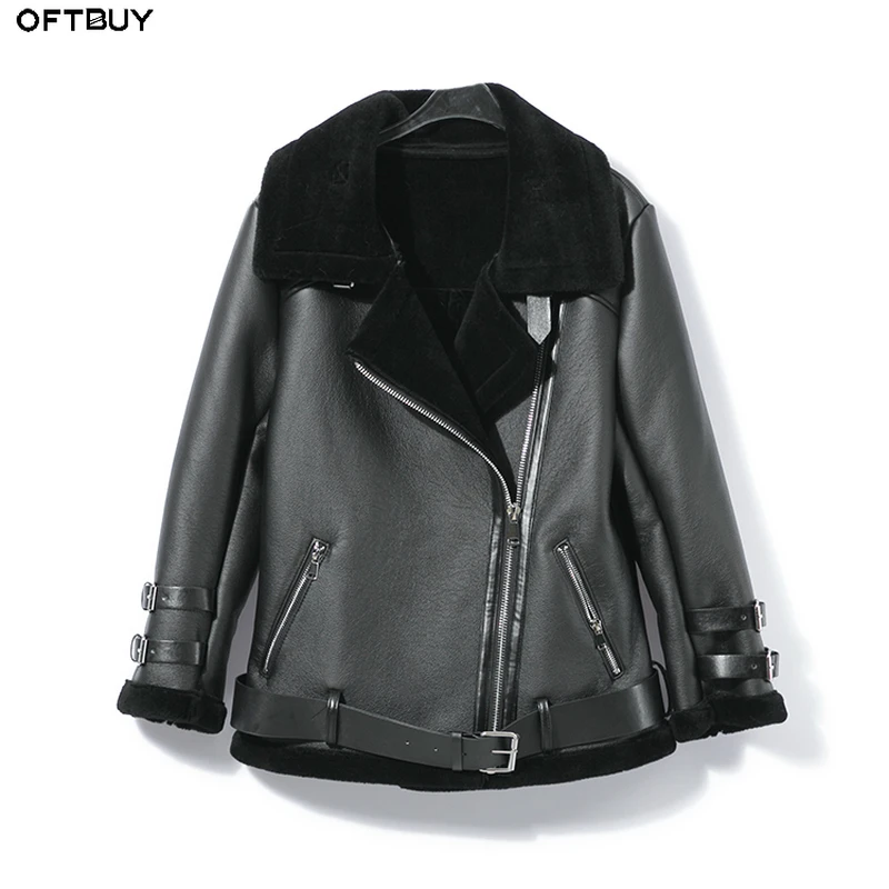 OFTBUY 2018 мотоциклетная куртка натуральный мех пальто из натуральной овечьей