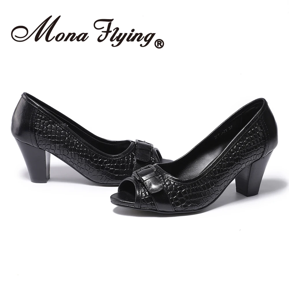 Mona Flying Women Leather Pumps Hand-made Casual Dress Buckle Slip-on Peep Toe Square Heel Shoes for Ladies 2020 205H-7Y | Обувь