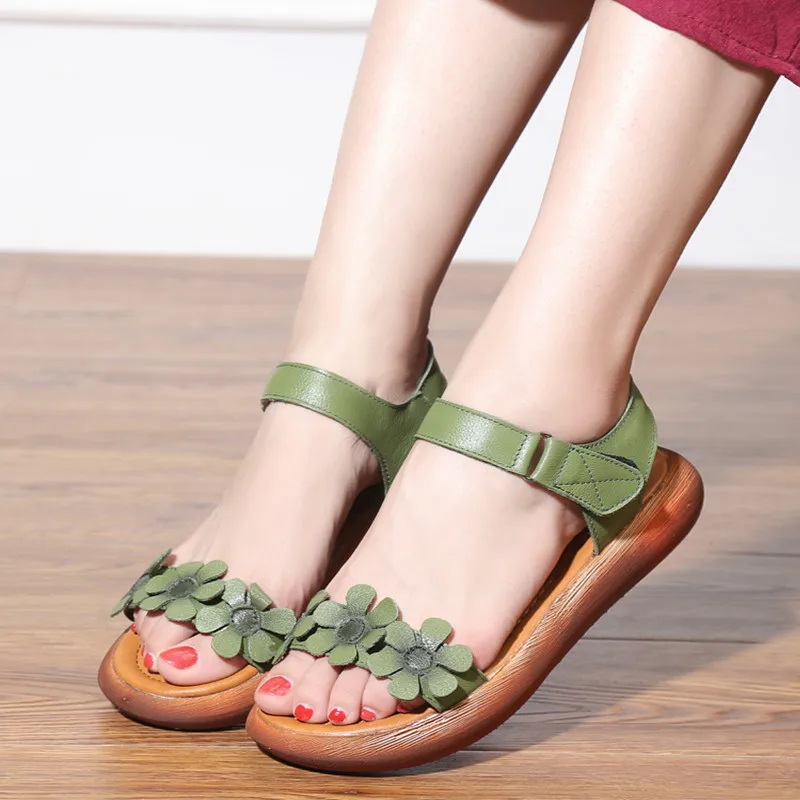 

New 2018 Women Genuine Leather Flat Sandals Fashion Open Toe Ankle Strap Gladiator Sandals For Women Summer Platform Shoes Green