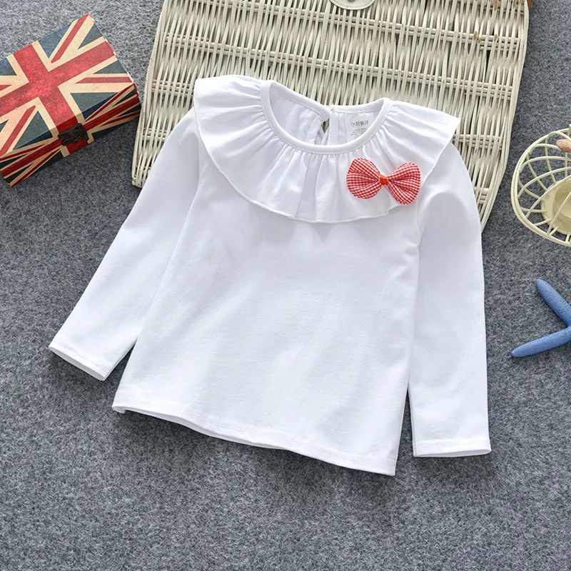 Белая однотонная хлопковая рубашка с длинными рукавами и бантом для маленьких девочек, KT-1900
