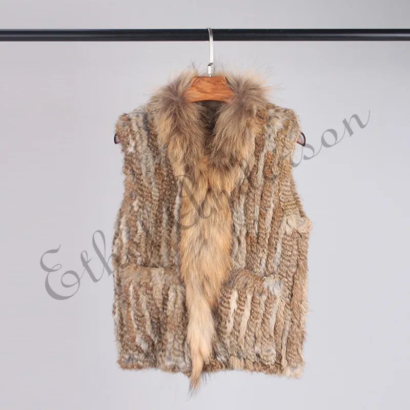 ETHEL ANDERSON Knitted Rabbit Fur Gilet Vest Chic Raccoon Fur Collar Waistcoat Pockets Ladies Brand New Jacket Overcoat