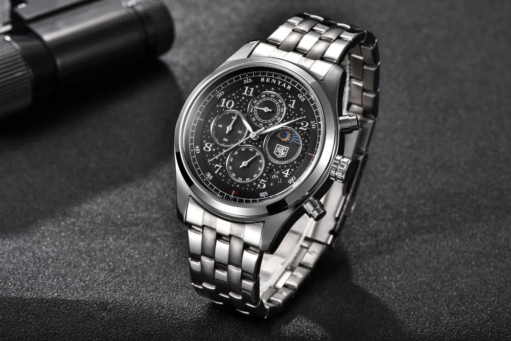 BENYAR Топ люксовый бренд Moon Phase часы мужские водонепроницаемые Хронограф военные спортивные кварцевые часы мужские часы Relogio Masculino