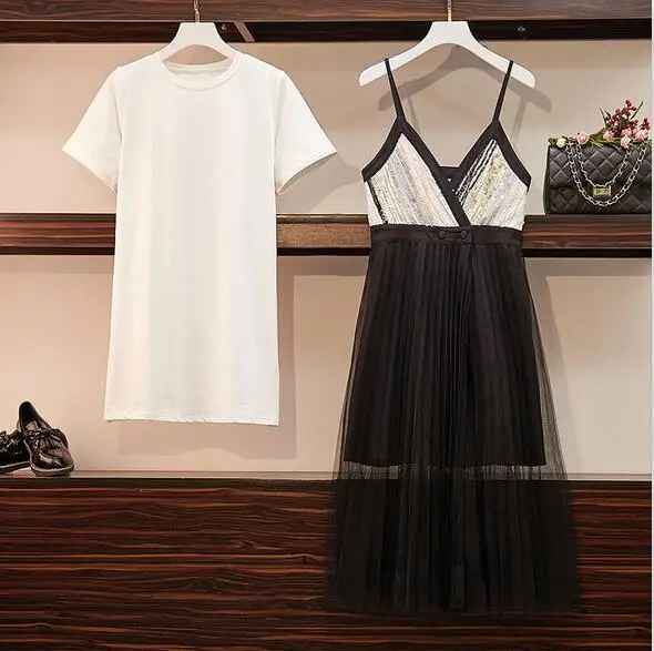 Summer Dress Two Piece Set Woman Mid Long T-Shirt+ Sling Sequins Patchwork Gauze Skirt Lady Girls Skirts Set Blue Black - Цвет: Черный