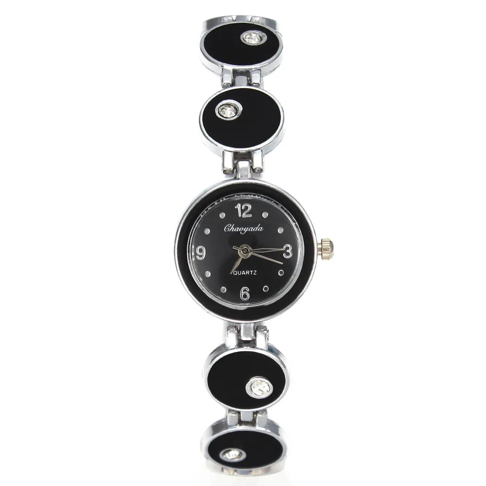 Круглый кристалл Для женщин браслет Кварцевые часы Модные украшения Шарм черный