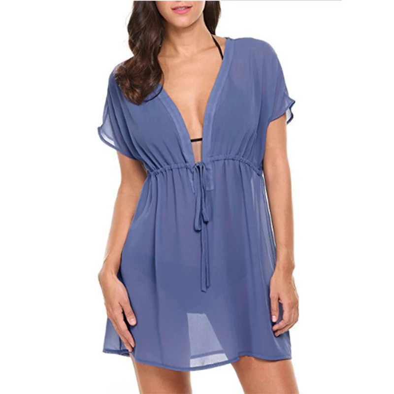 Шифоновое пляжное бикини с короткими рукавами и завязками 2018 глубоким v образным