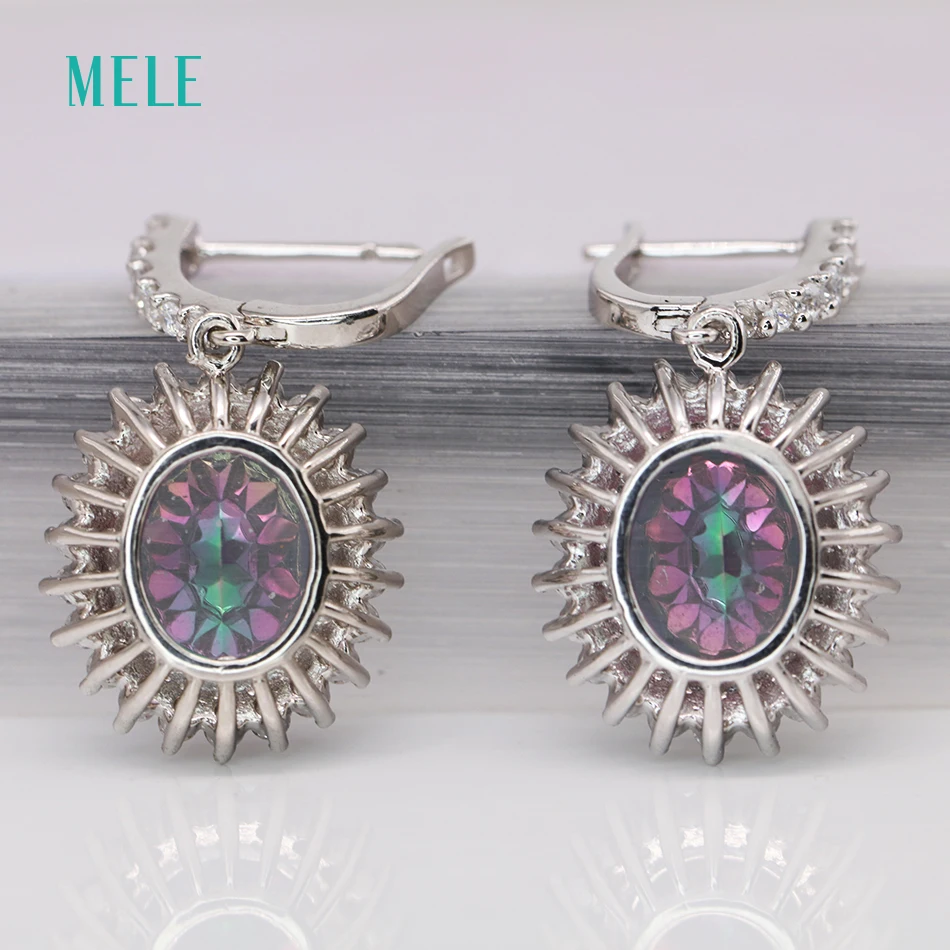 Меле натуральные Мистик кварты серебряные серьги большой овальный 10 мм * 12 Радуга