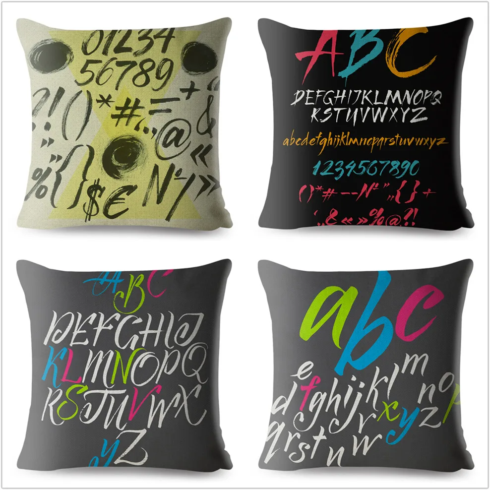 Ink Letter And Number Print Pillowcase Beige Linen Cushion Cover 45*45 Square Throw Pillows Covers Sofa Home Decor Pillow Case | Дом и сад