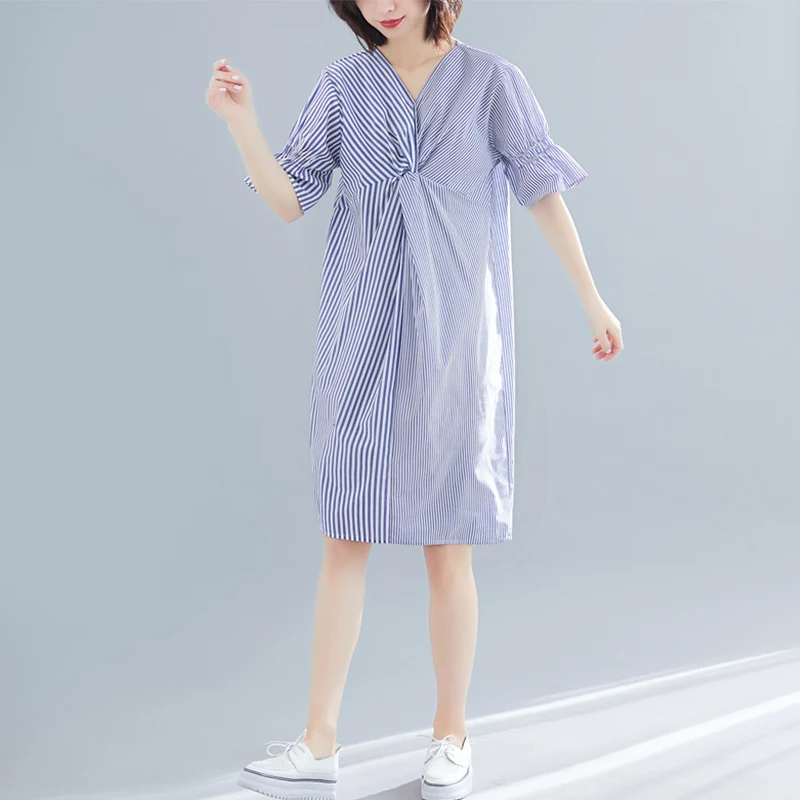 Женское платье с рюшами и V образным вырезом в полоску|Женские платья| |