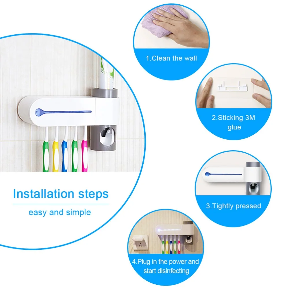 Держатель для зубной щетки УФ 2 в 1 диспенсер пасты + 5 дезинфекционных щеток