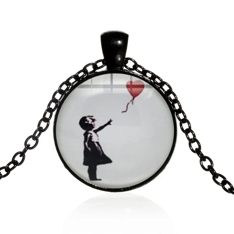 Necklace Girls with a Balloon Street Graffiti Artist Banksy Famous Painting Glass Cabochon Metal Pendant Chain Necklaces Jewelry | Украшения