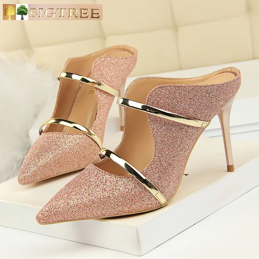 

Туфли-лодочки Bigtree женские, пикантные модные блестящие свадебные туфли, высокий каблук-шпилька, золотистые, серебристые