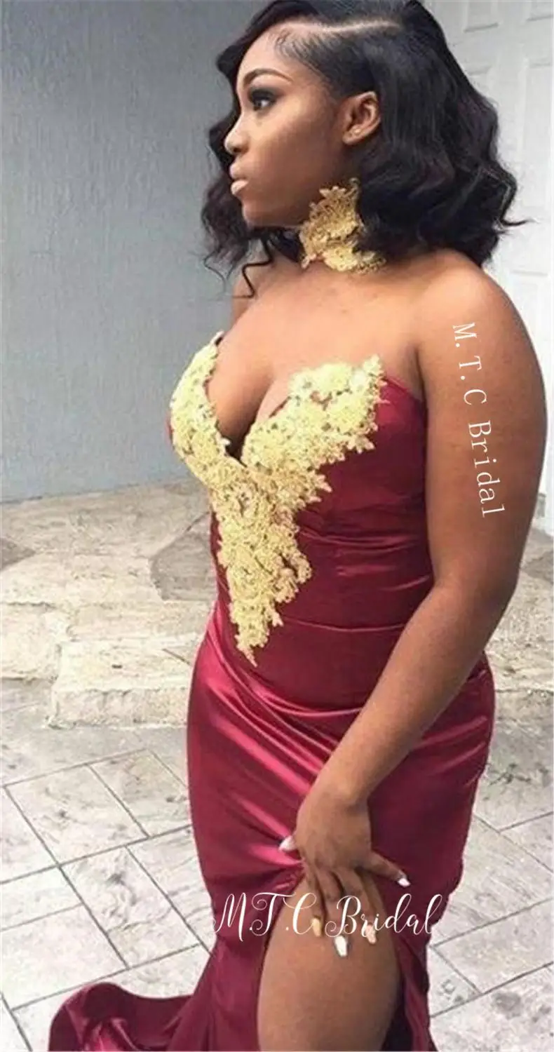 

High Slit Red Mermaid African Evening Dress 2019 New Arrival V Neck Gold Lace Elastic Satin Long Cheap Prom Gowns Custom Made