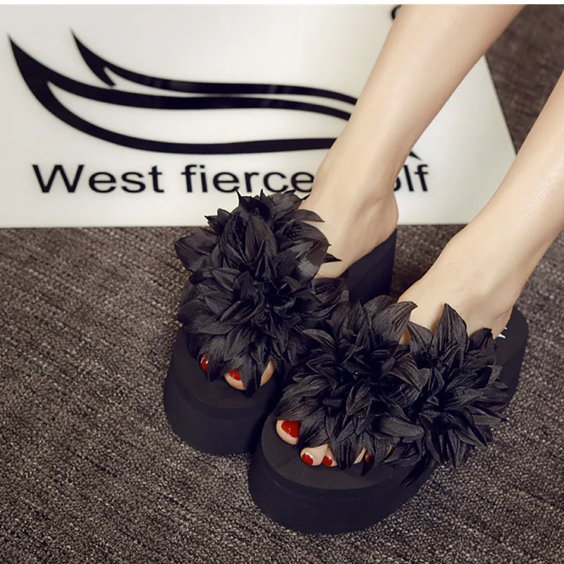 Женские повседневные тапочки на высоком каблуке 7 см с цветочным принтом |