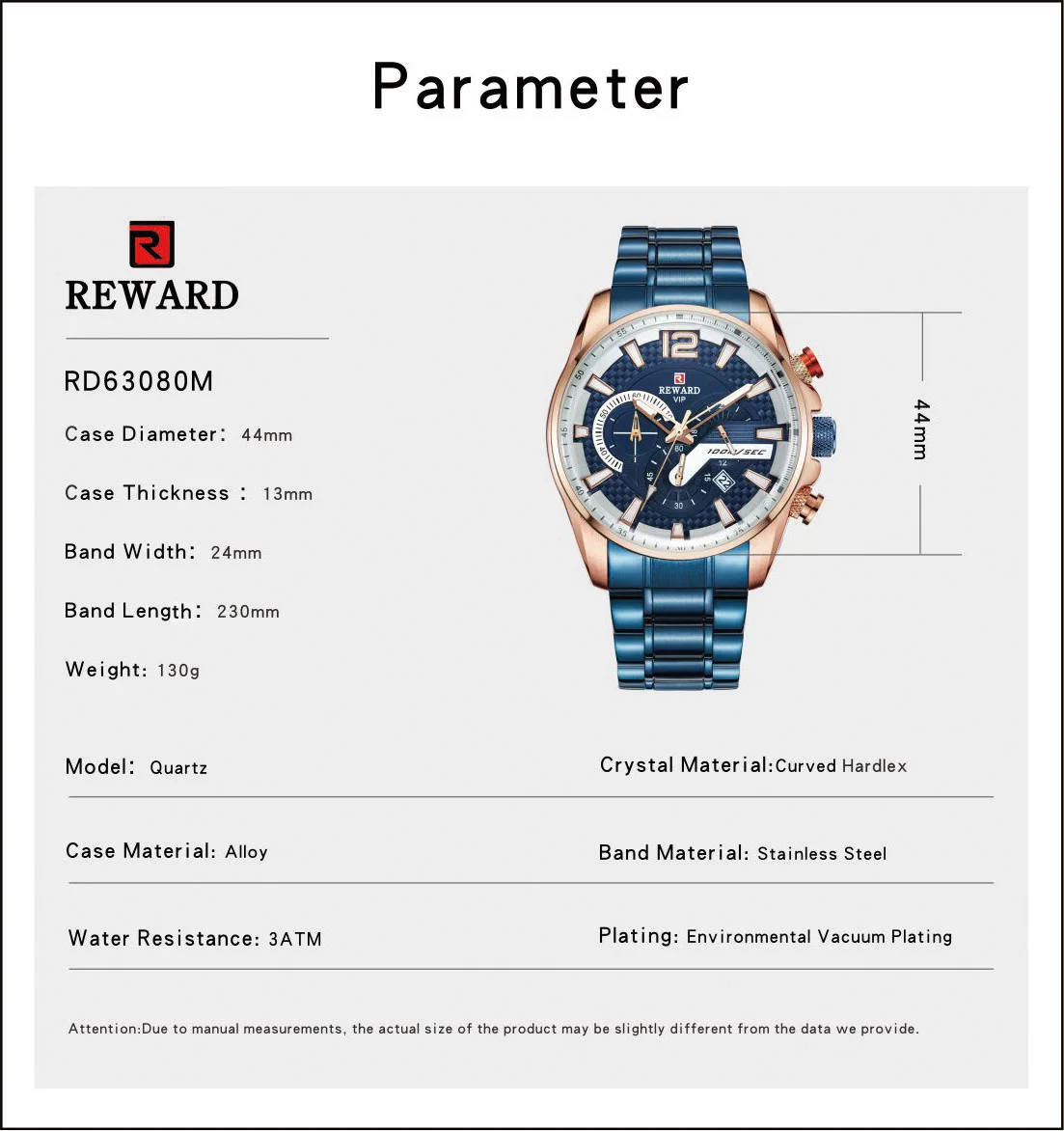Мужские кварцевые аналоговые часы Rewards Blue стальной ремешок 3 циферблата 6 стрелок