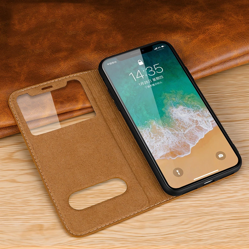 Роскошный чехол из натуральной кожи для телефона iPhone X 7 8 6 6S Plus умный с окошком