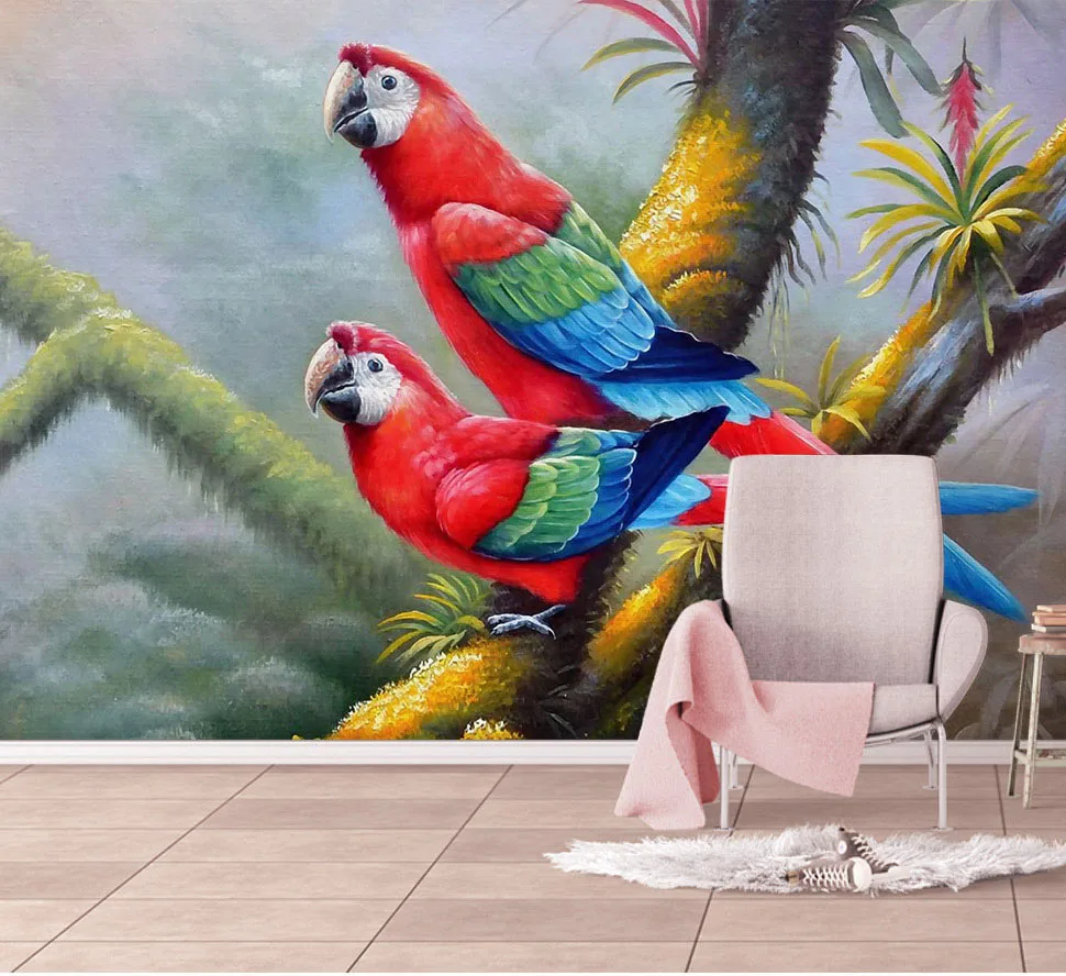 8d Modern Parrot photo wall sticker for lliving room TV background bedroom Hand-painted wallpaper 3d colorful mural paper Decor |