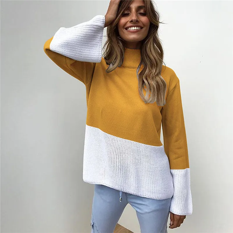 Turtleneck Sweater Autumn Winter Pullover Knitted Jumper Female Patchwork Loose Pullovers For Lady 2018 Femme | Женская одежда