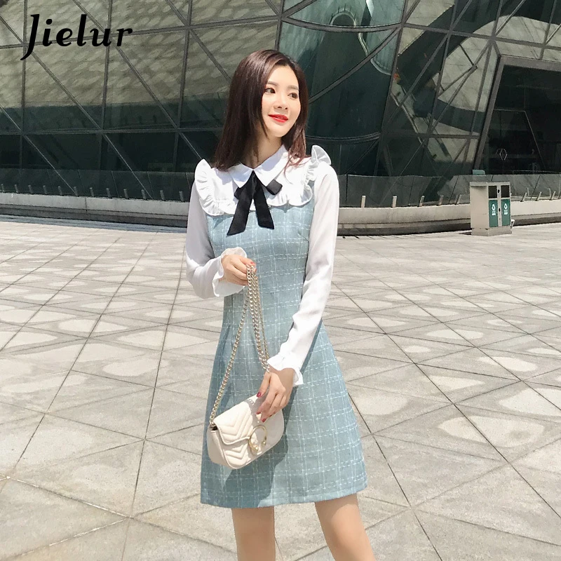Jielur серый плед с длинным рукавом элегантное платье для женщин осень 2019 г. Новый
