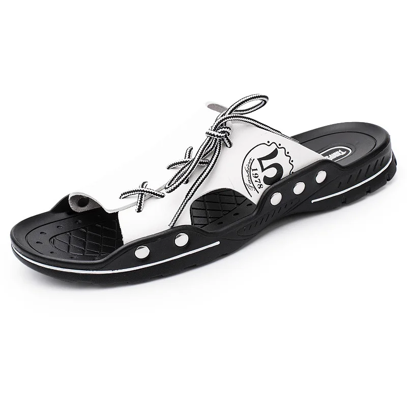 Мужские кожаные сандалии на плоской подошве пляжные праздничная обувь черного