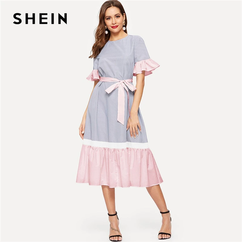 SHEIN модное платье в полоску с оборкой и цветным поясом,, Boho, весна-лето, короткое платье с воланом, рукав, туника, цельнокроеное женское платье