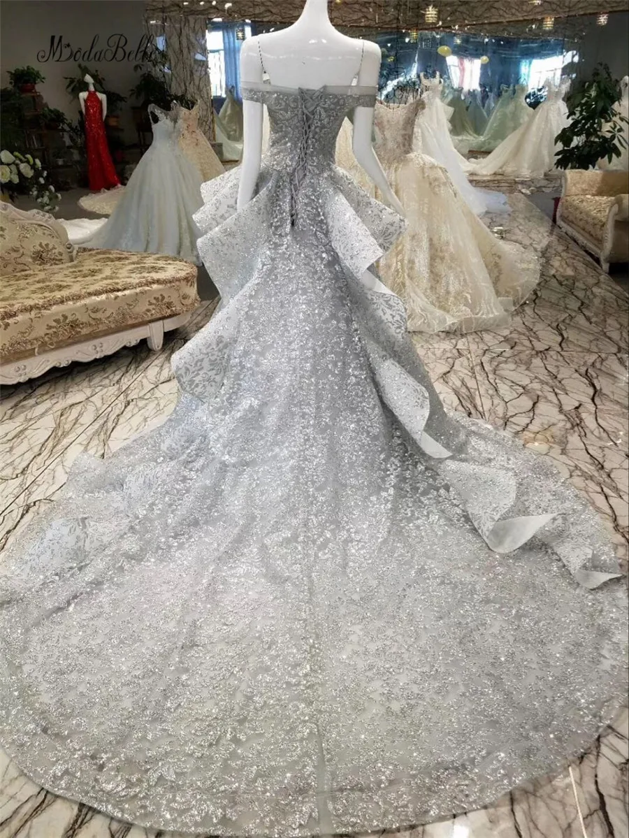 

modabelle Glitter Sequined Evening Dresses Silver Off The Shoulder Long Train Luxury Ruffles Prom Dress 2018 Vestidos De Noche