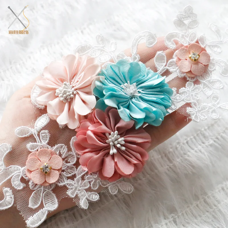 GLace Embroidered Lace Trim 3D Colorful Flowers Pearl Ribbon Fabric Handmade Sewing Craft For Costume Hat Decoration TX774 | Дом и сад