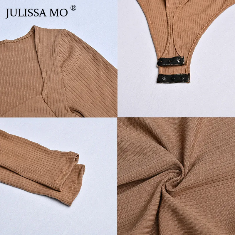 

JULISSA MO Rib Knitted Long Sleeve Bodysuit Women Tops Sexy V Neck Slim Rompers Womens Jumpsuit Autumn Winter Casual Basic Body