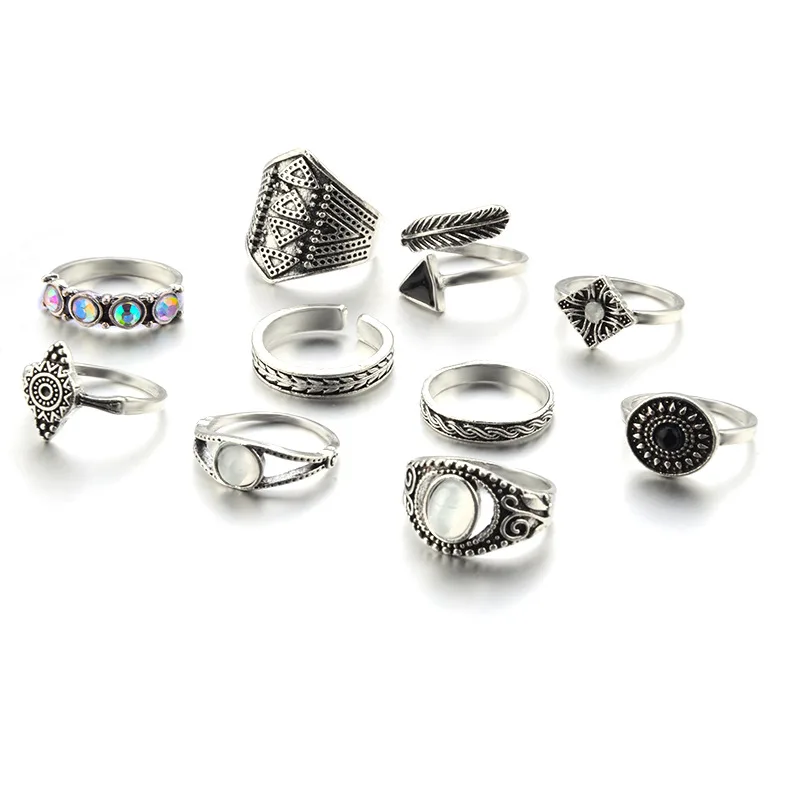 Sindlan Ring Fashion Vintage Jewelry Bohemian Engraving Motif Crystal Opal Exaggerated Punk 10pcs / Set Knuckle For Women | Украшения и