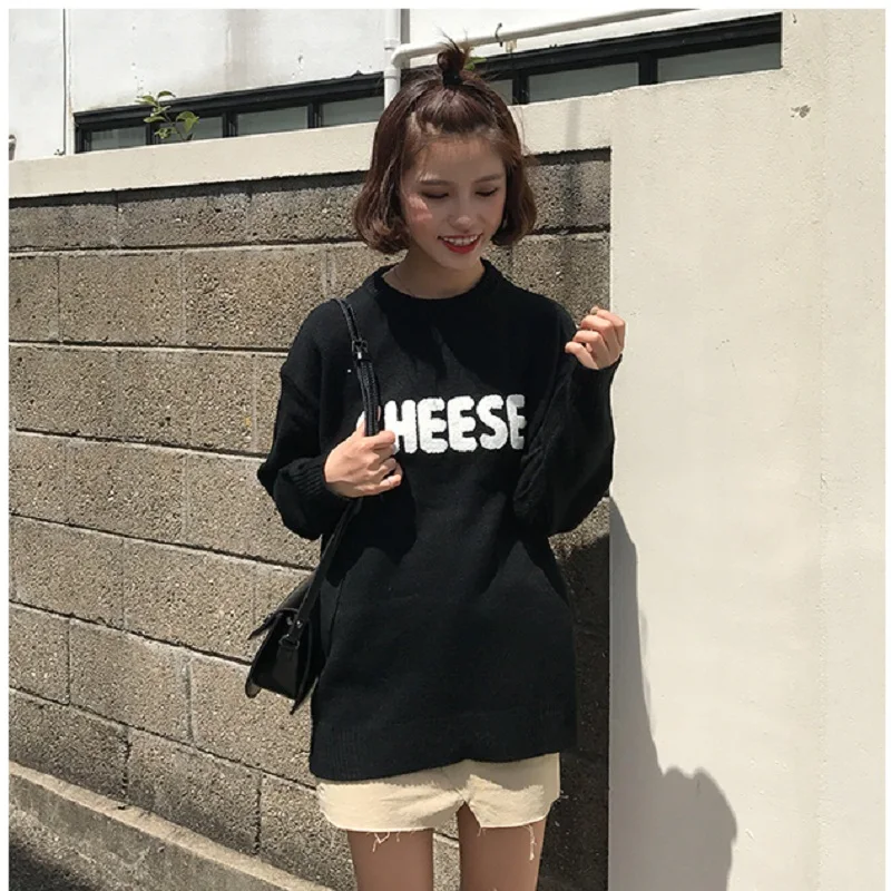 Korean version of the school style cheese letters embroidery loose wild long-sleeved round neck sweater women | Женская одежда