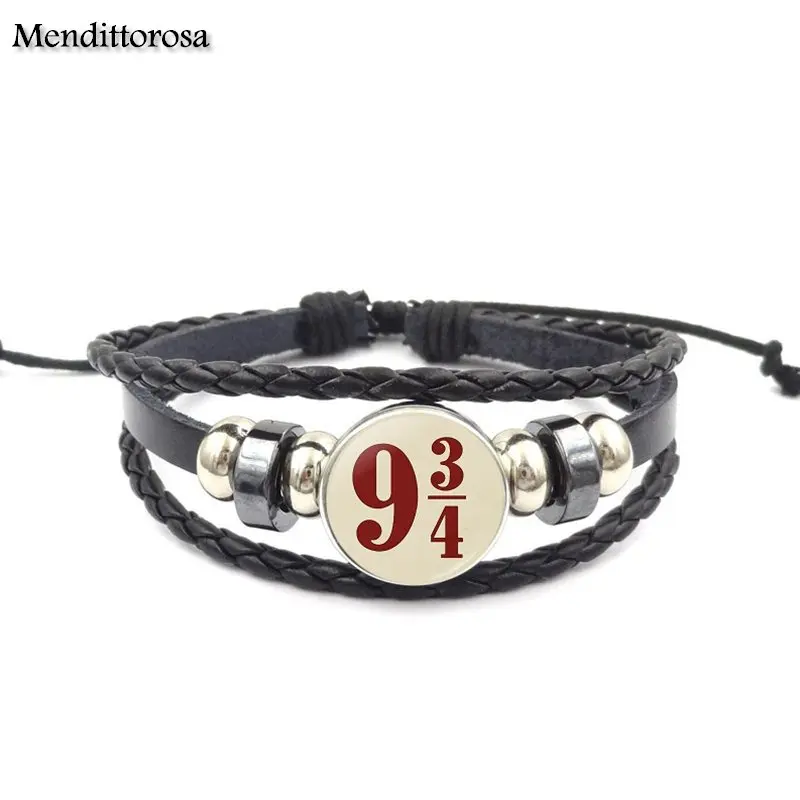 Mendittorosa Vintage Fashion Glass Black Leather Bracelet Bangles Jewelry Handmade For Girl Platform 9 34 Hogwart Express | Украшения и