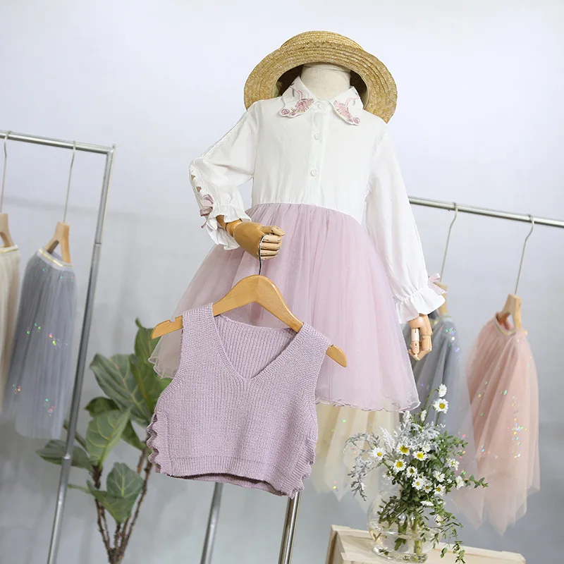 Весеннее платье для девочек 2019 новое жилет модный свитер принцессы из двух