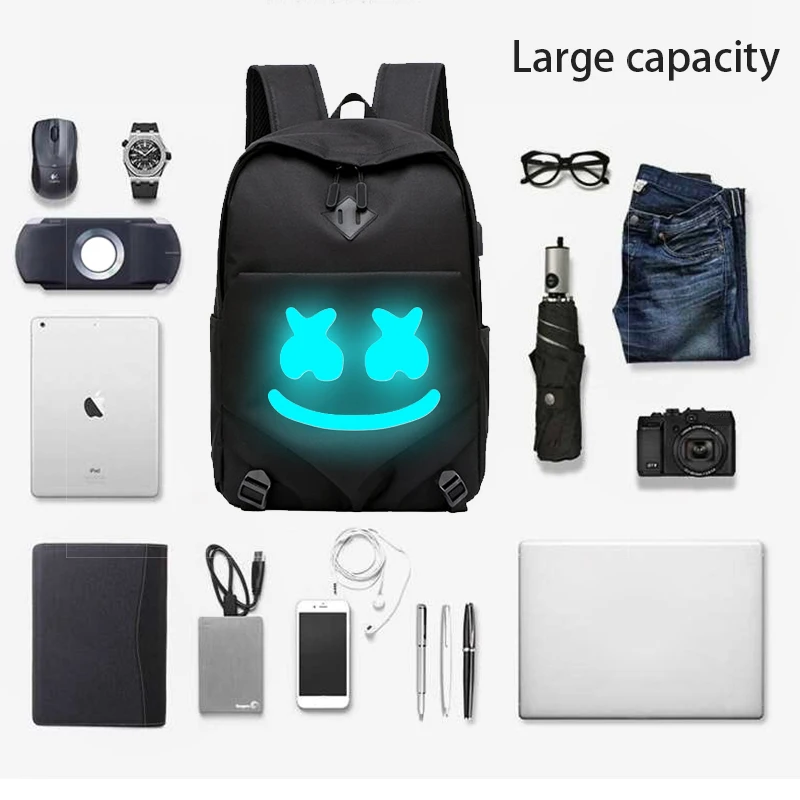 DJ Marshmello, школьные сумки, Подростковый рюкзак для мальчиков, Usb зарядка для девочек, Светящийся рюкзак для ноутбука, рюкзак для путешествий, рюкзак для книг