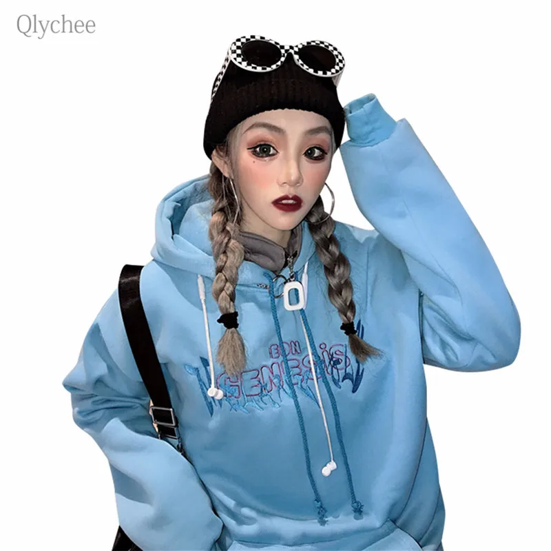 Qlychee письмо вышивка синий толстовки с капюшоном Женский длинным рукавом карман