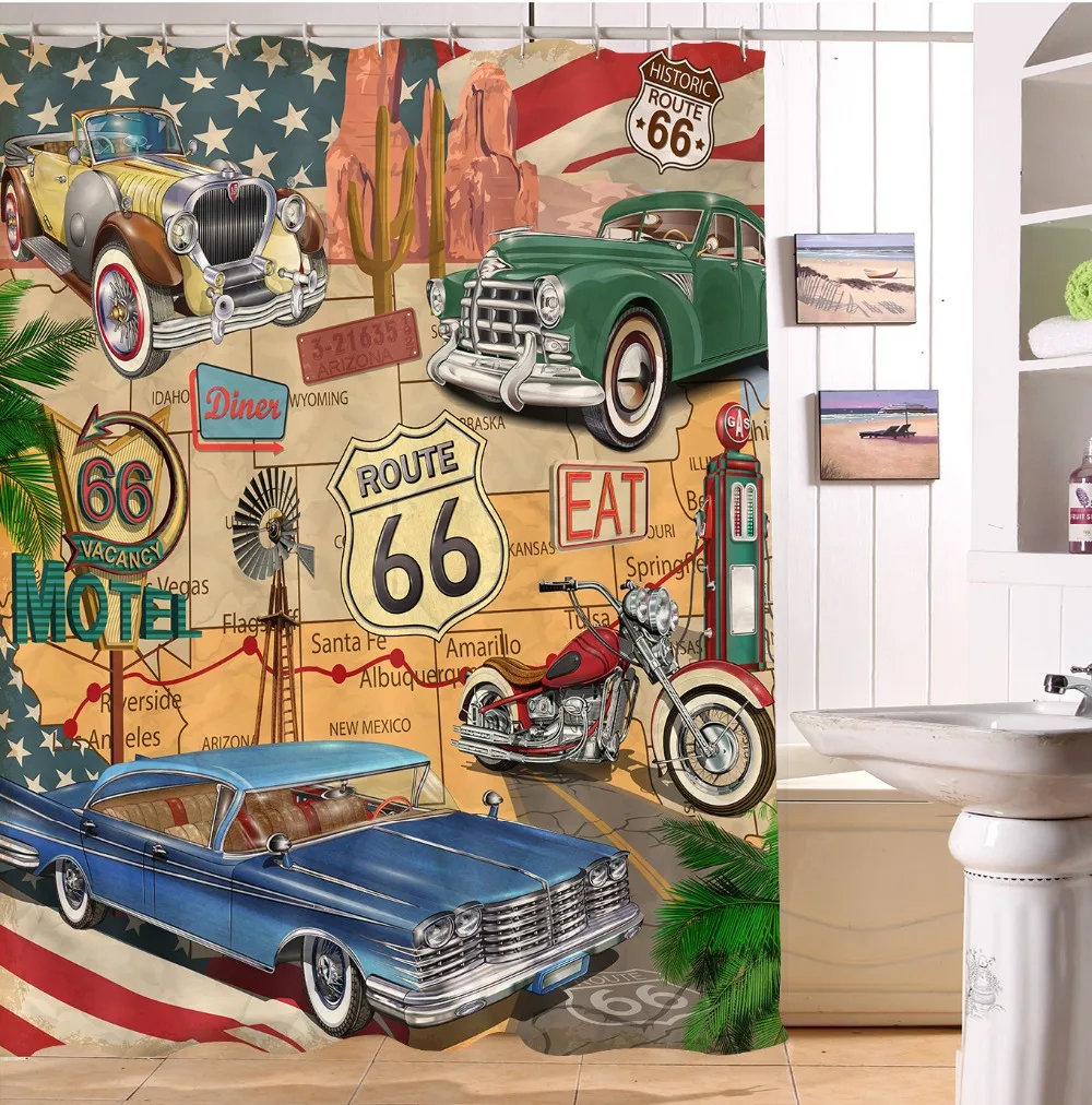 

Retro Historic Route 66 Trip Shower Curtain Bath Waterproof Polyester Fabric Curtain Mildewproof Bathroom Home Decor Hooks Set