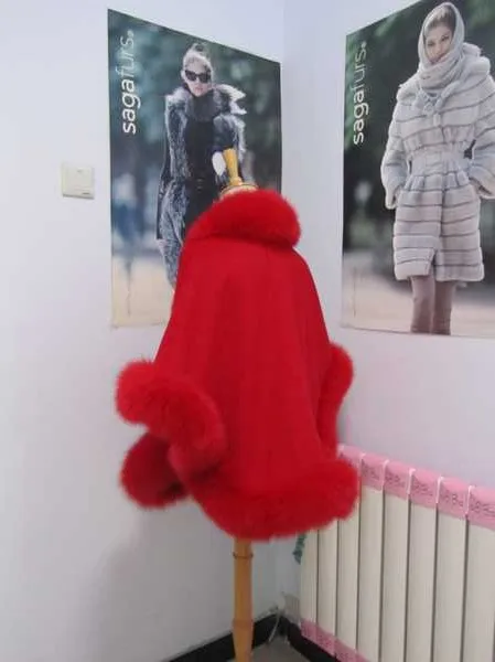 Free shipping red cashmere cape real fox fur trim length 70cm pashmina for women |