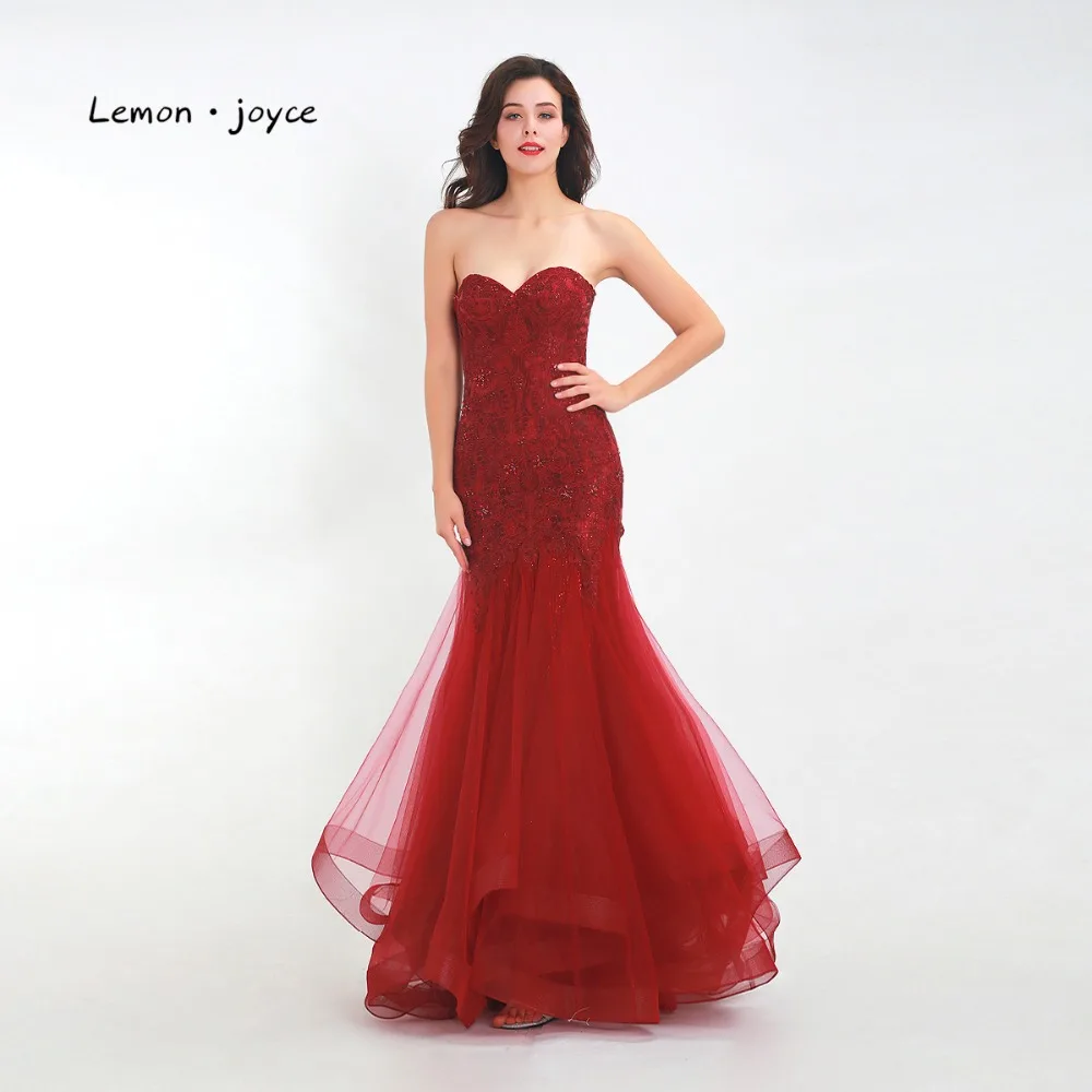 Lemon joyce винно красные вечерние платья русалки Длинные 2019 из кружева бисера