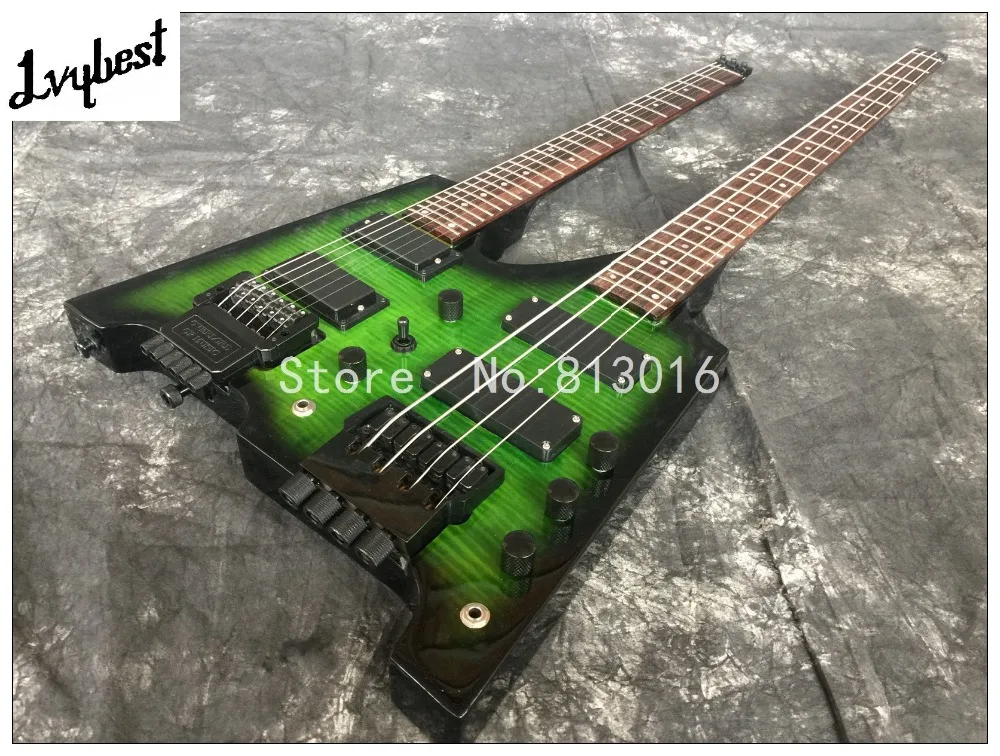 Электрическая гитара без головы с двойным горлышком и верхом из огненного клена