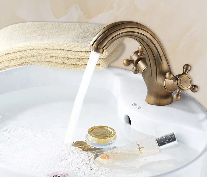 

Antique Brass Faucets Bathroom Faucet basin Sink mixer tap swan neck Deck Mounted Double Cross Handles Single Hole Faucet anf026