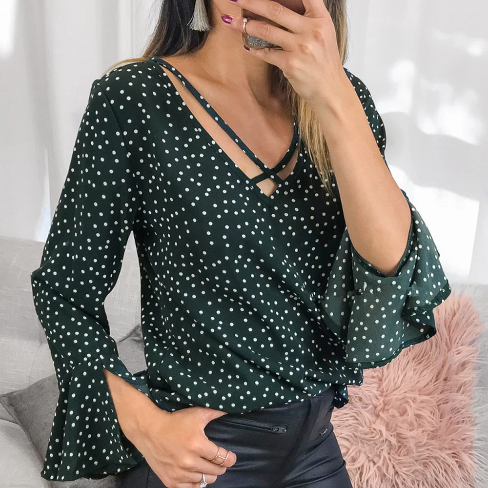 AVODOVAMA M Women Blouses 2019 Spring Casual Polka Dot Slim Shirts Sexy V Neck Long Sleeve Fashion Flare Ruffles Tops |