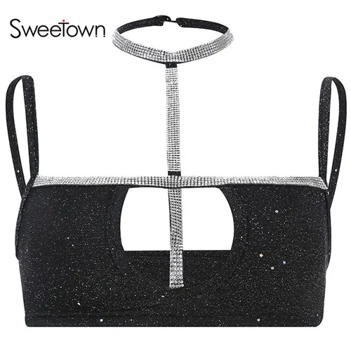Sweetown блестящий сексуальный женский комплект 2 шт. с бриллиантовым воротником-чокером, укороченный топ и шорты, комплект летней одежды для женщин, спортивный костюм - Цвет: top