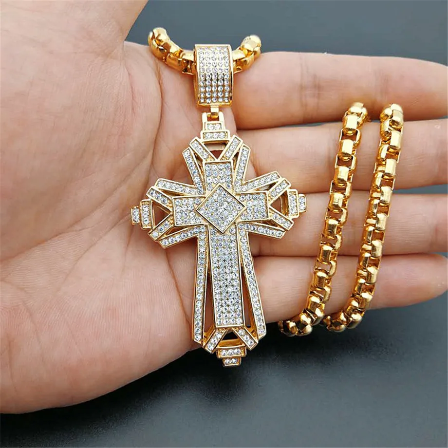 Новейший Iced Out подвеска с большим крестом из нержавеющей стали ожерелье для мужчин золотого цвета Кристиан крузар ожерелье Религиозные ювелирные изделия