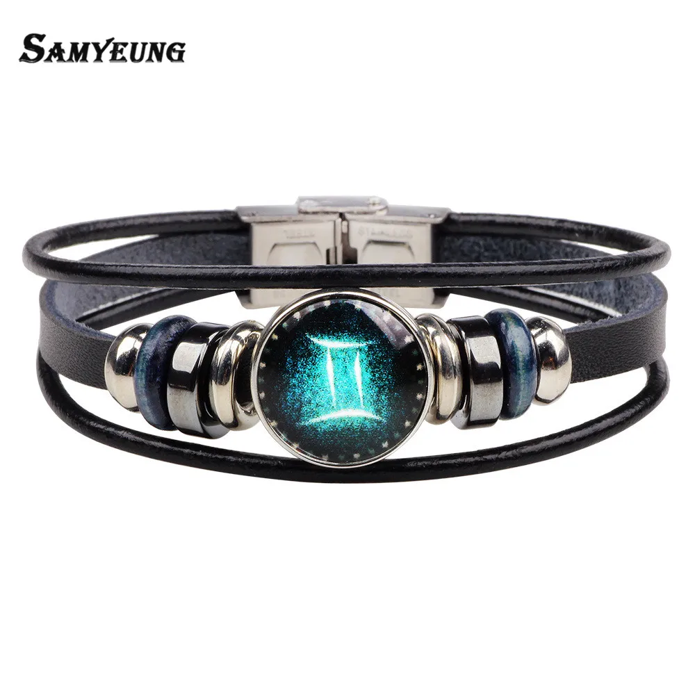 Gemini Samyeung Шарм Созвездие DIY Кристалл Браслеты для мужчин кожаный браслет женщина Braclet человек Pulseira Masculina 22 см - Окраска металла: Gemini