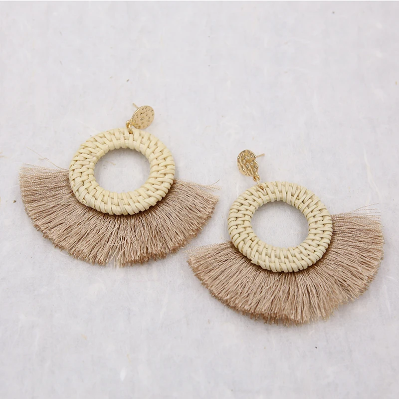 Женские плетеные серьги ручной работы из ротанга Винтажные веер с бахромой