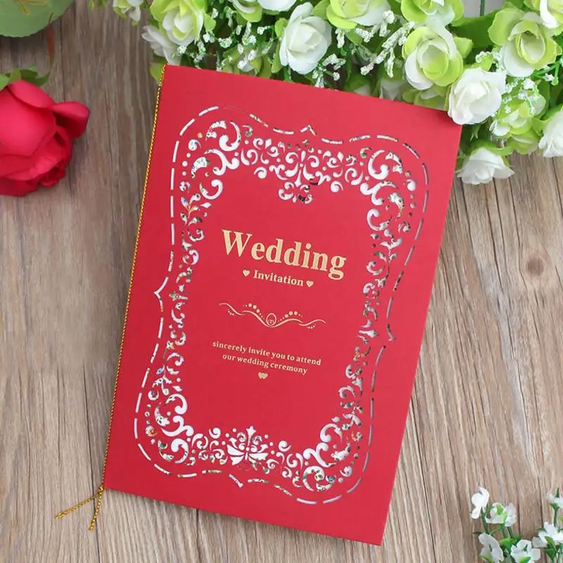 

20pcs/lot Red Laser Cutting Invitation Cards Wedding Printed Hollow Flower Paper Card Folding Wedding Invitations