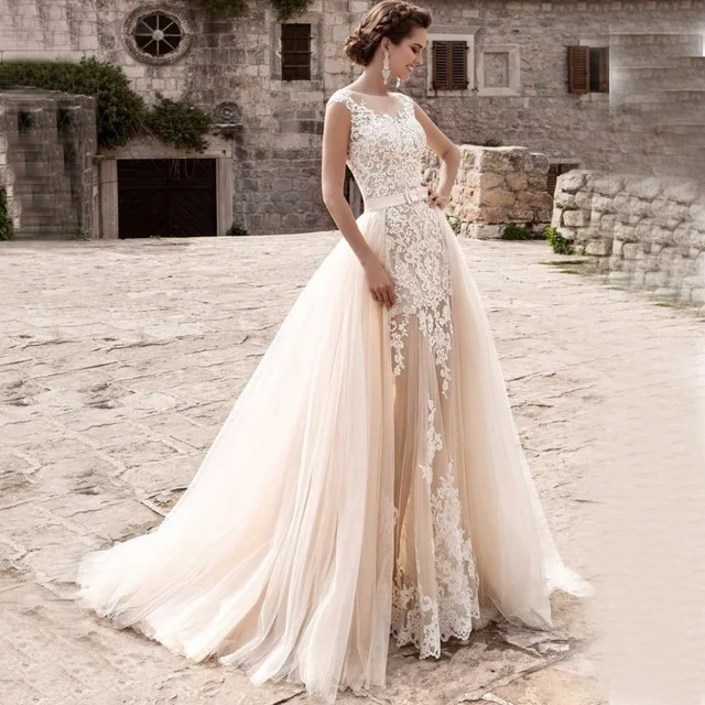 Long Mermaid Lace Wedding Dresses 2021 with Tulle Detachable Train for Bride vestido de noiva Ball Gown
