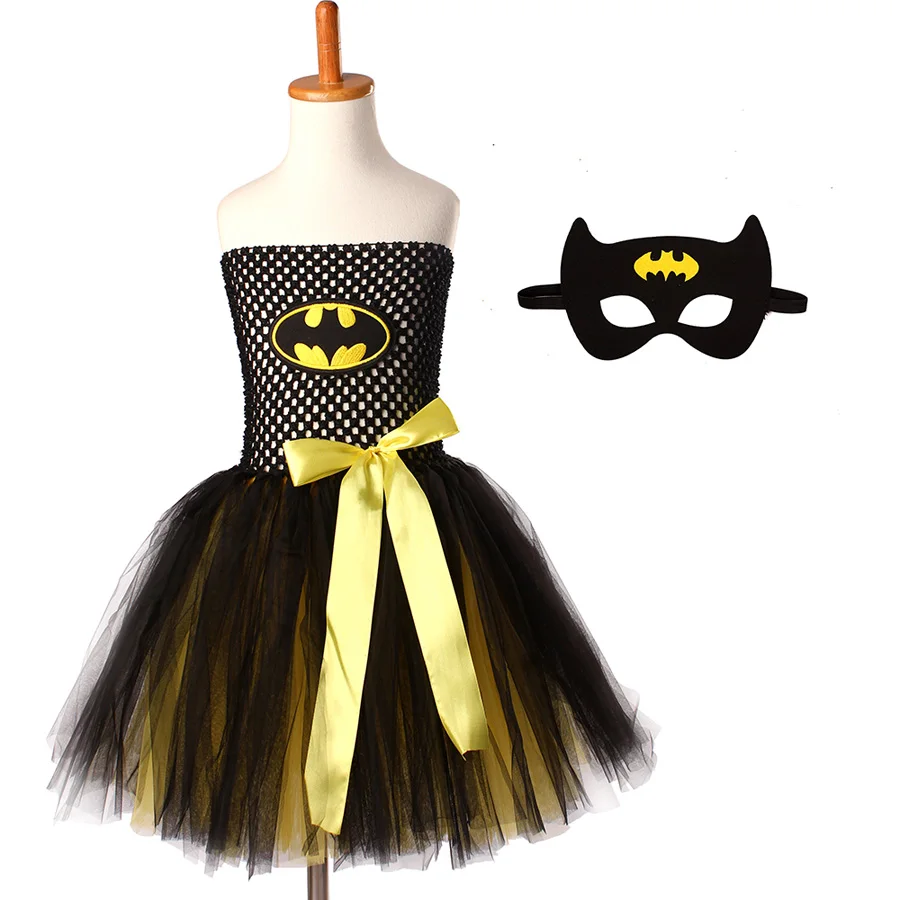Bat Man Superhero Girls Tutu Dress with Mask Children Halloween Cosplay Costume Girl Kids Tulle Party Vestidos | Детская одежда и