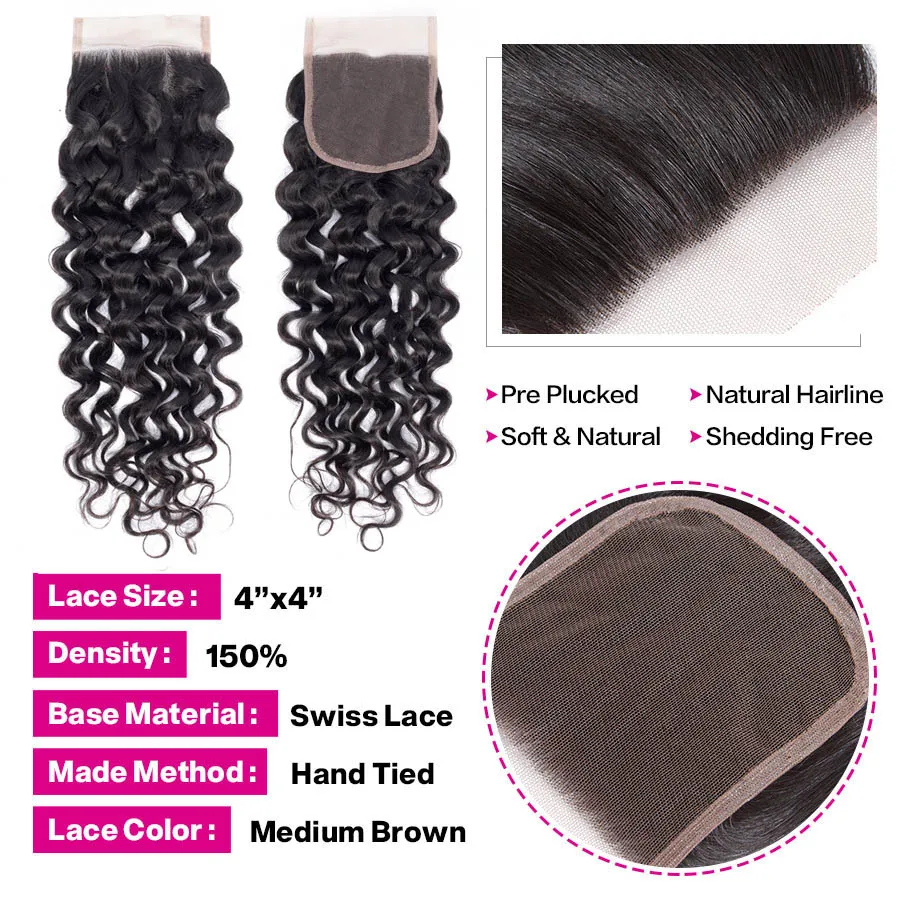 Water Wave Bundles With Closure 100% Remy Human Hair 3 4*4 Lace Riverwood Brazilian Weave | Шиньоны и парики